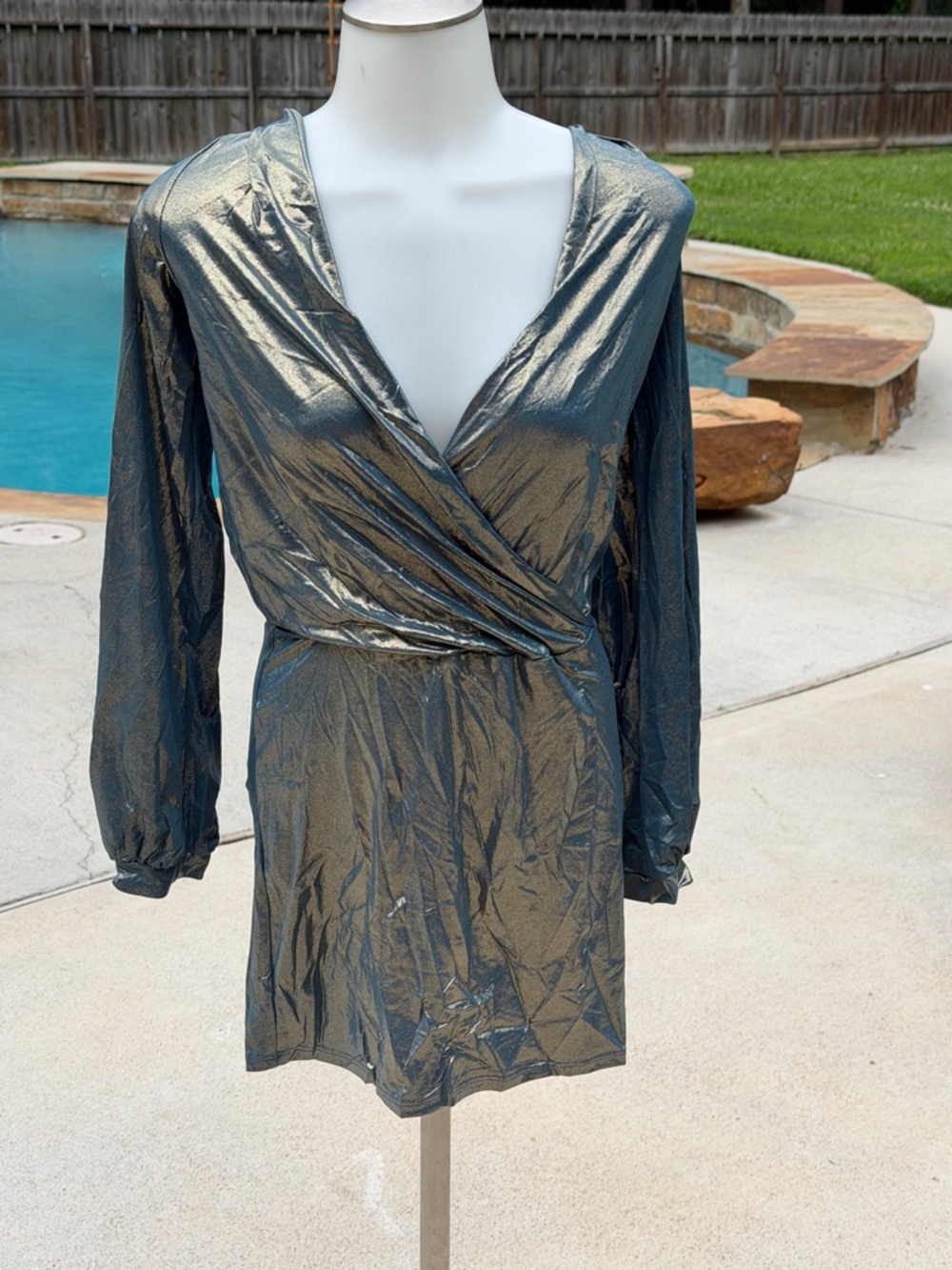 Metallic Wrap-Style Long Sleeve Mini Dress - Shimmering Steel Large